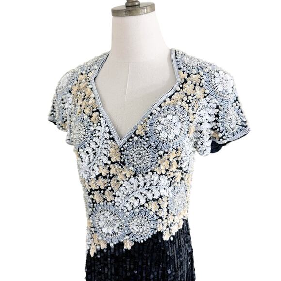 Vtg 90s Nite Line Black & White All Over Beaded Full Length Evening Gown Size S - Picture 2 of 8